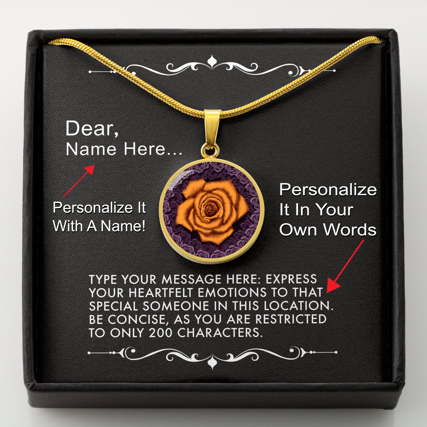 Gold necklace with an orange rose pendant in a box with a message card that can be personalized. 