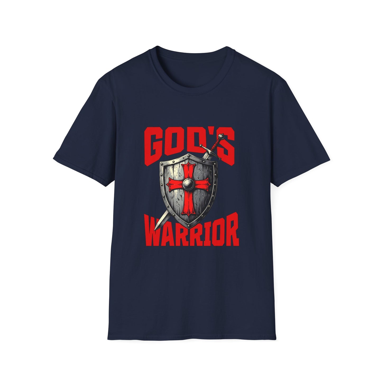 Navy blue t-shirt with red and white graphic design on a white background