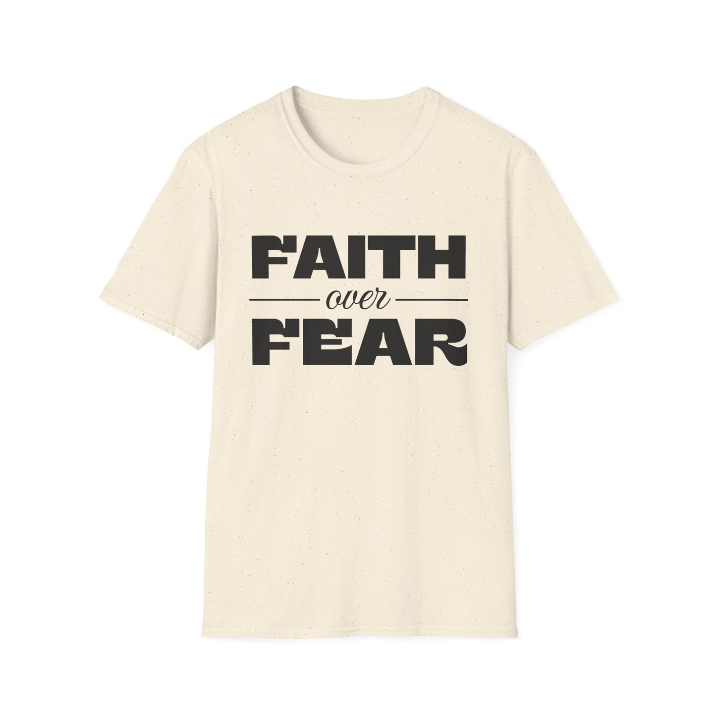 Beige t-shirt with 'Faith over Fear' text on a white background