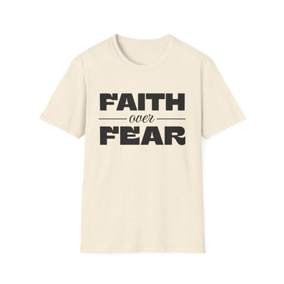 Beige t-shirt with 'Faith over Fear' text on a white background