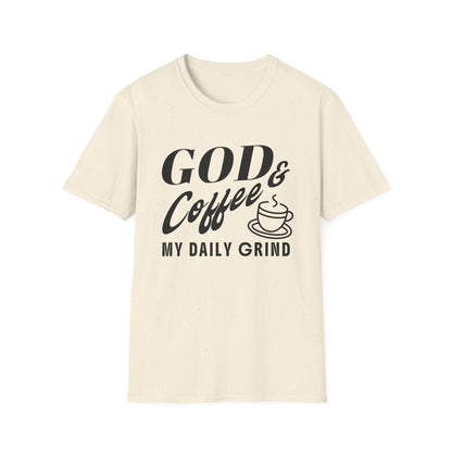 Beige t-shirt with black text 'GOD & Coffee = MY DAILY GRIND' on a white background