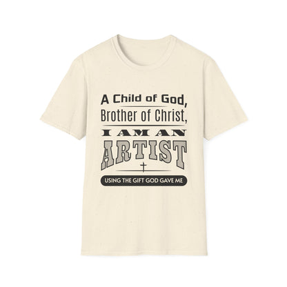 Beige t-shirt with black text on a white background