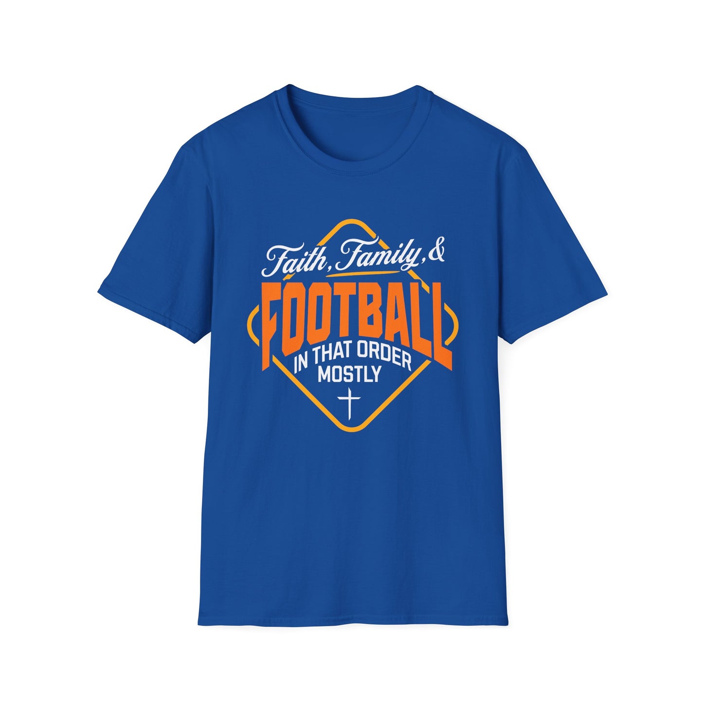 Blue t-shirt with 'Faith, Family & Football in that order mostly' text design on a white background