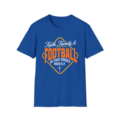 Blue t-shirt with 'Faith, Family & Football in that order mostly' text design on a white background