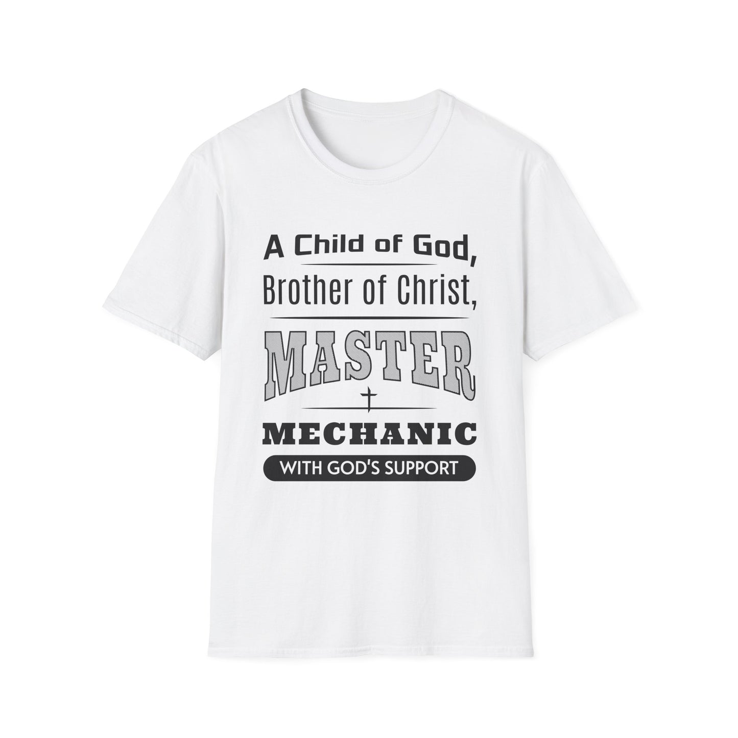 White t-shirt with black text on a white background