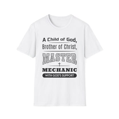 White t-shirt with black text on a white background