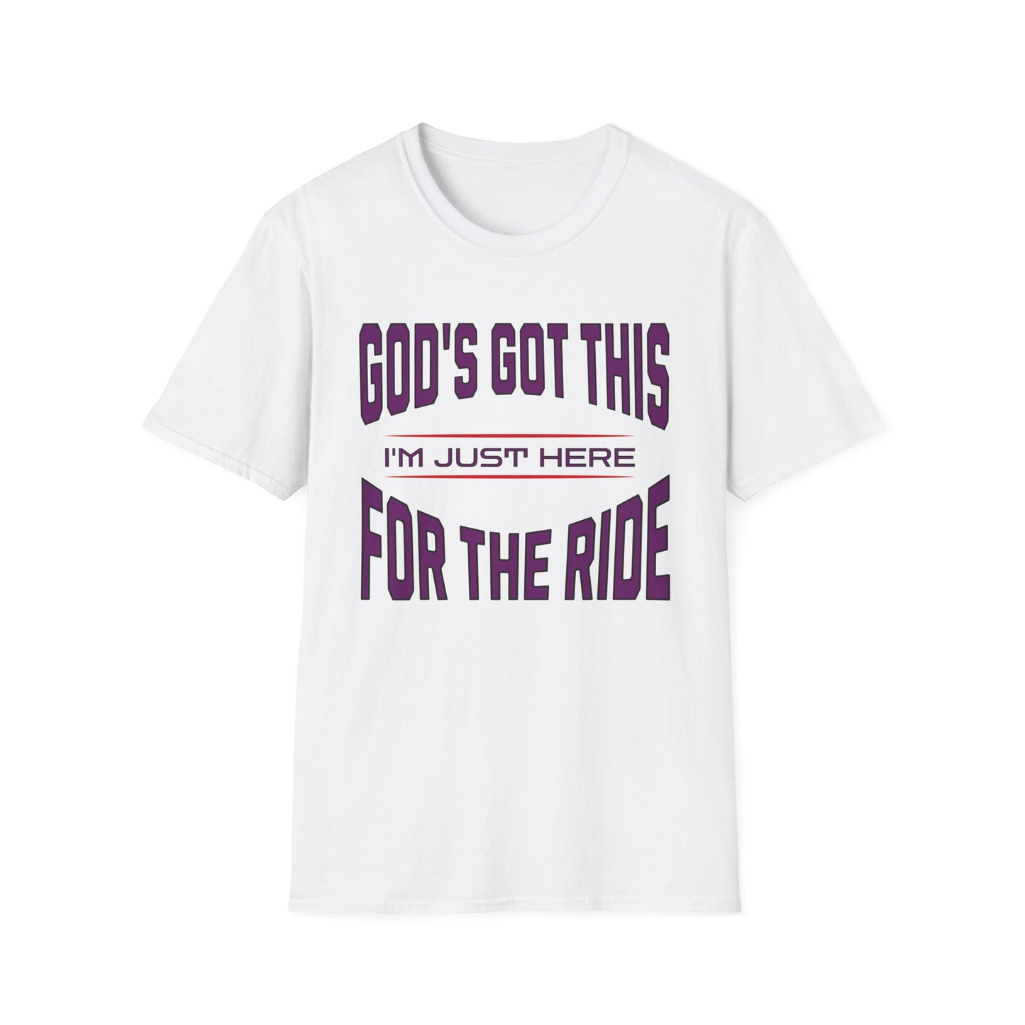 White t-shirt with purple text on a white background