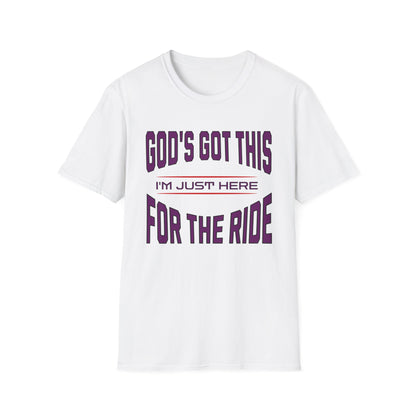 White t-shirt with purple text on a white background