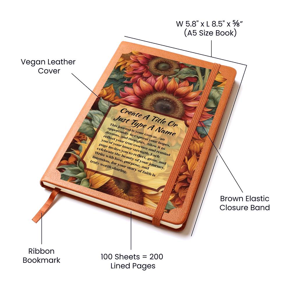 Vegan leather journal with sunflower design and product details on a white background.