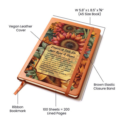 Vegan leather journal with sunflower design and product details on a white background.