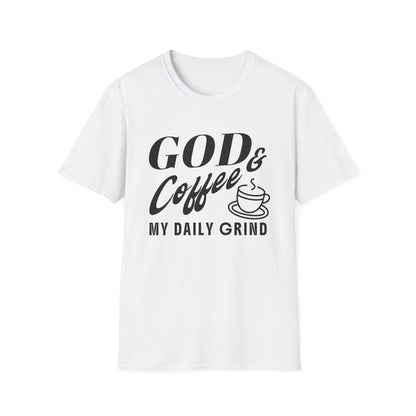 White t-shirt with black text 'GOD & Coffee = MY DAILY GRIND' on a white background