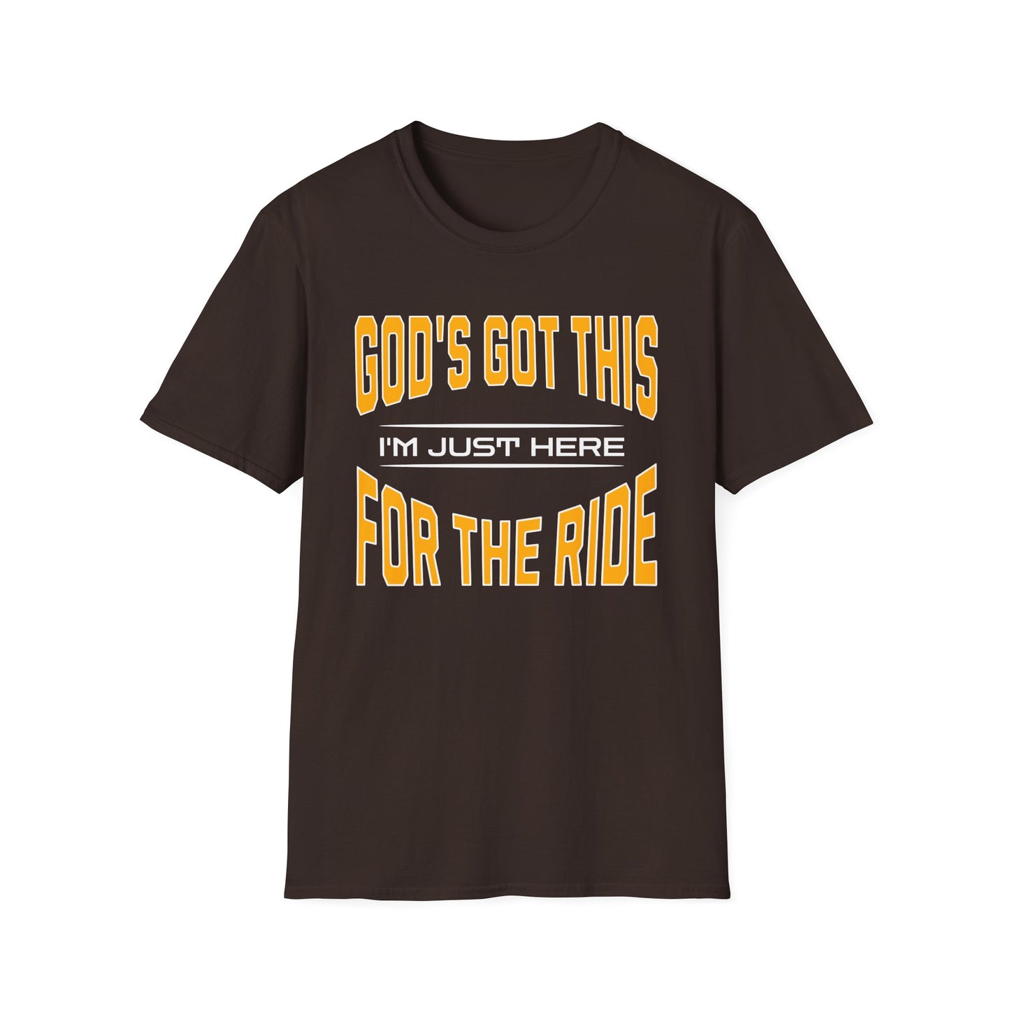 Brown t-shirt with yellow and white text on a white background