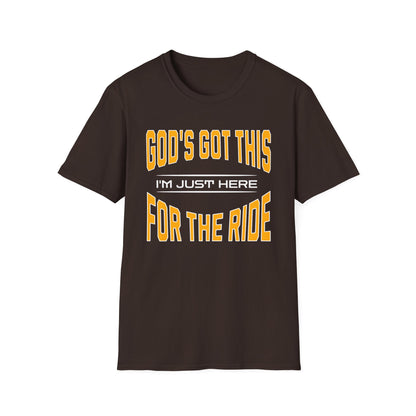 Brown t-shirt with yellow and white text on a white background