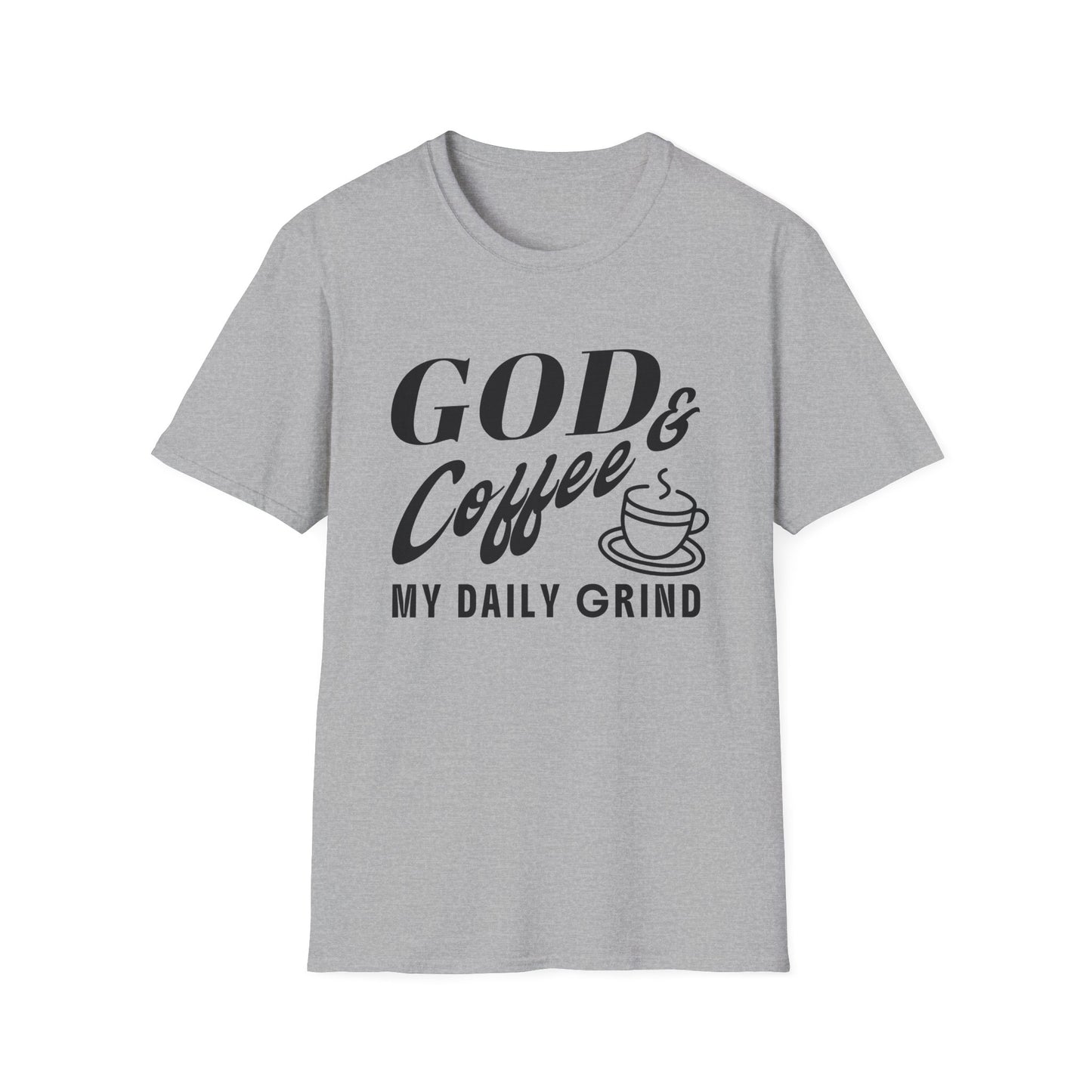 Gray t-shirt with 'God & Coffee = My Daily Grind' text and coffee cup graphic on a white background