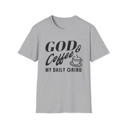 Gray t-shirt with 'God & Coffee = My Daily Grind' text and coffee cup graphic on a white background