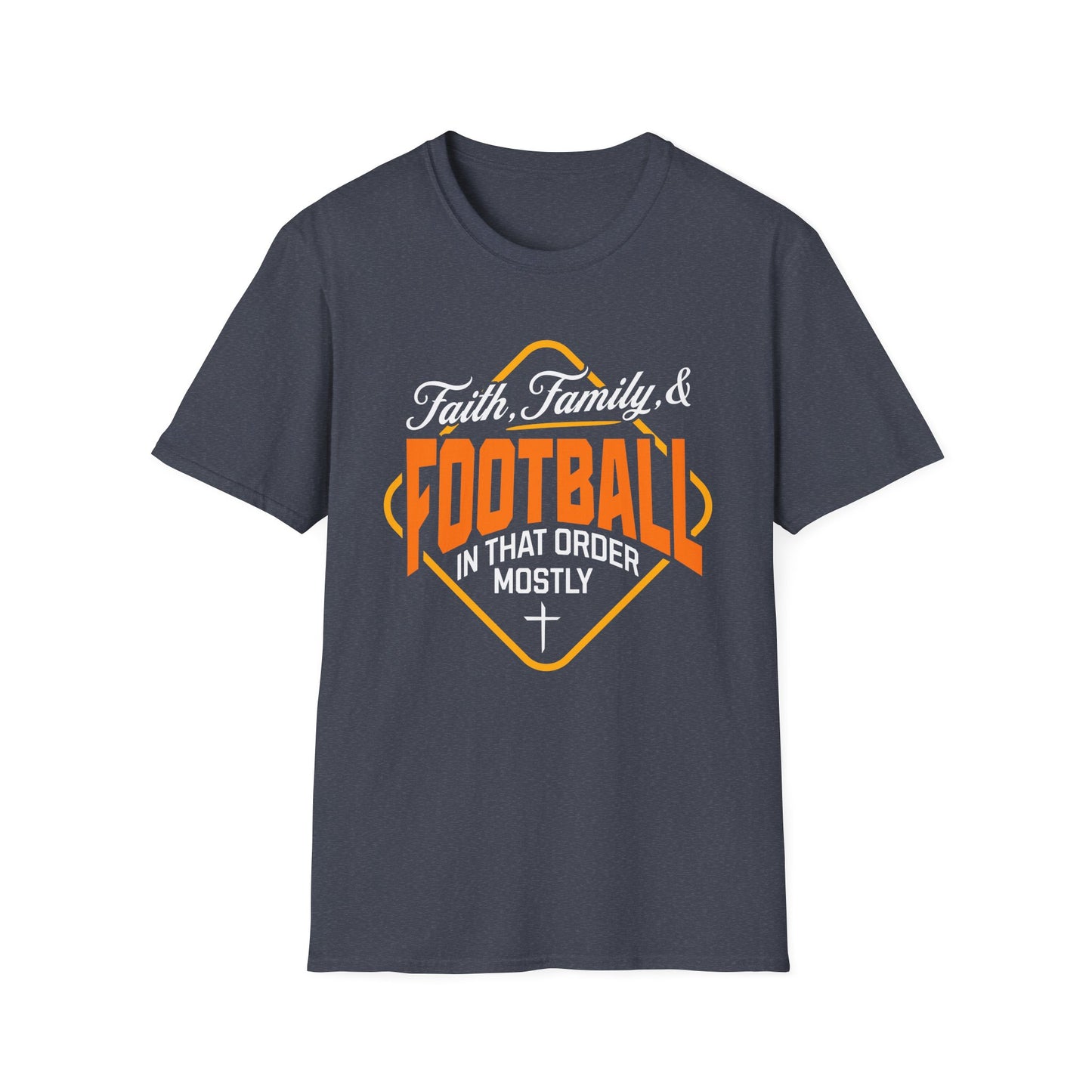 Gray t-shirt with 'Faith, Family & Football in that order mostly' text design on a white background