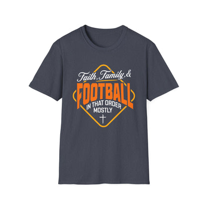 Gray t-shirt with 'Faith, Family & Football in that order mostly' text design on a white background