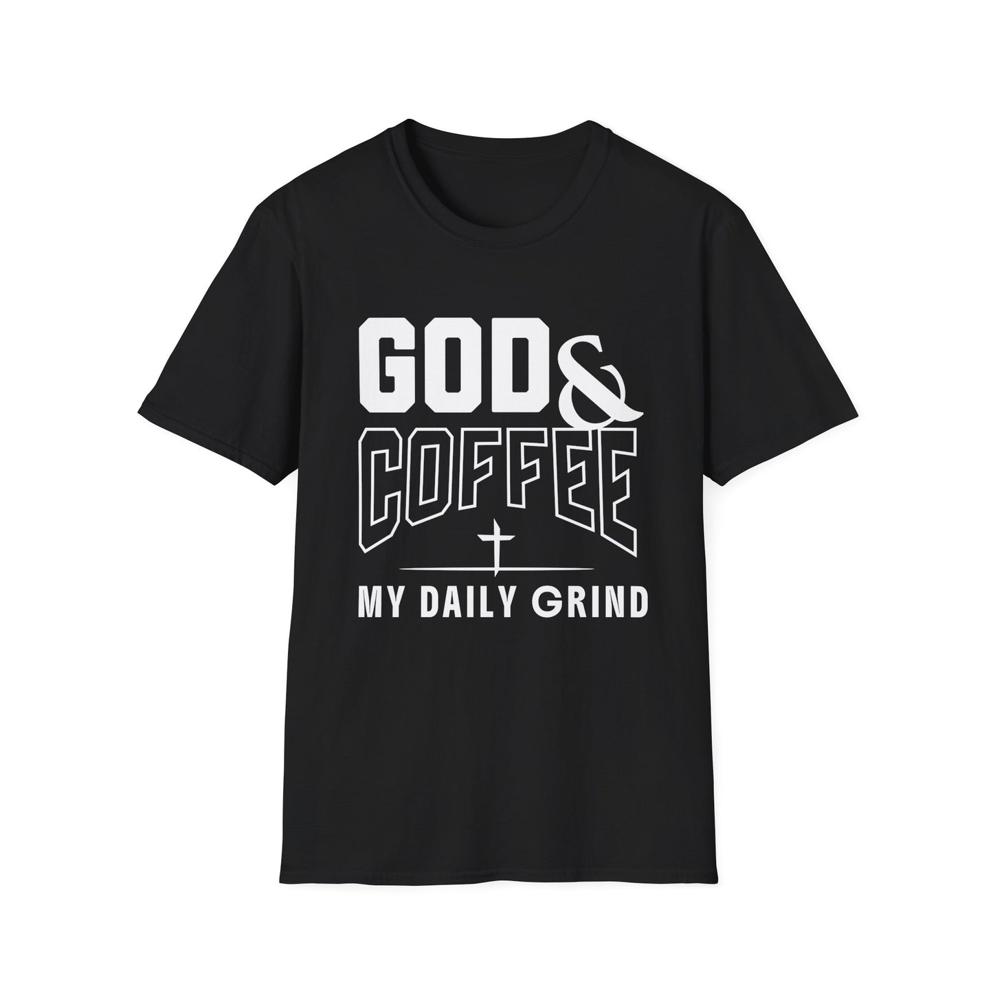 Black t-shirt with white text 'GOD & COFFEE MY DAILY GRIND' on a white background