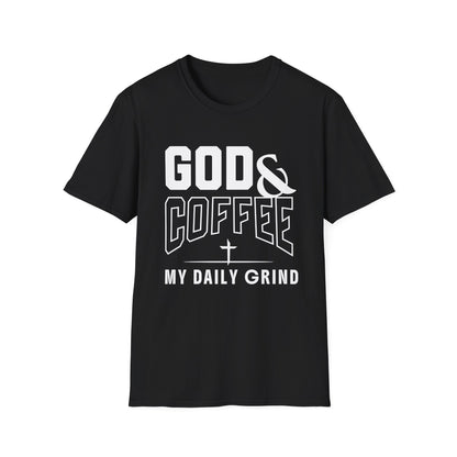 Black t-shirt with white text 'GOD & COFFEE MY DAILY GRIND' on a white background