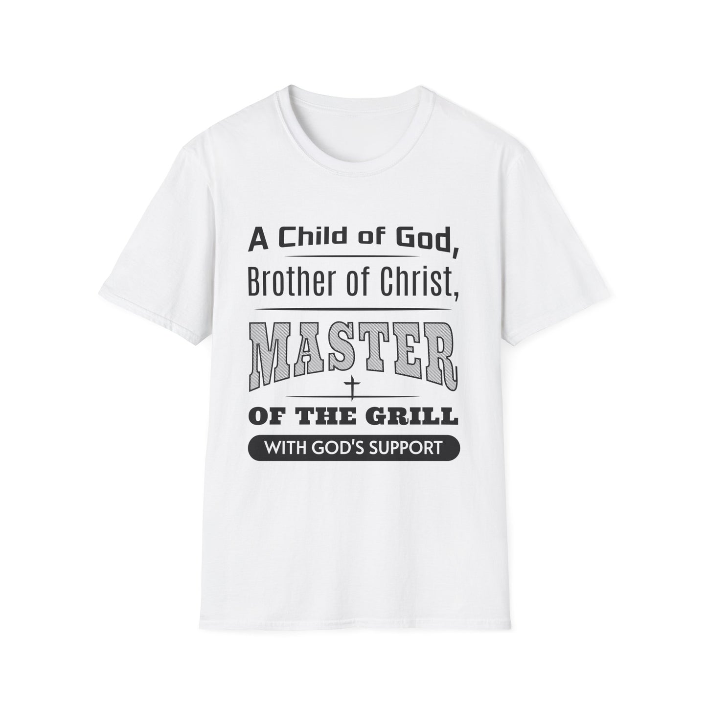 White t-shirt with black text on a white background