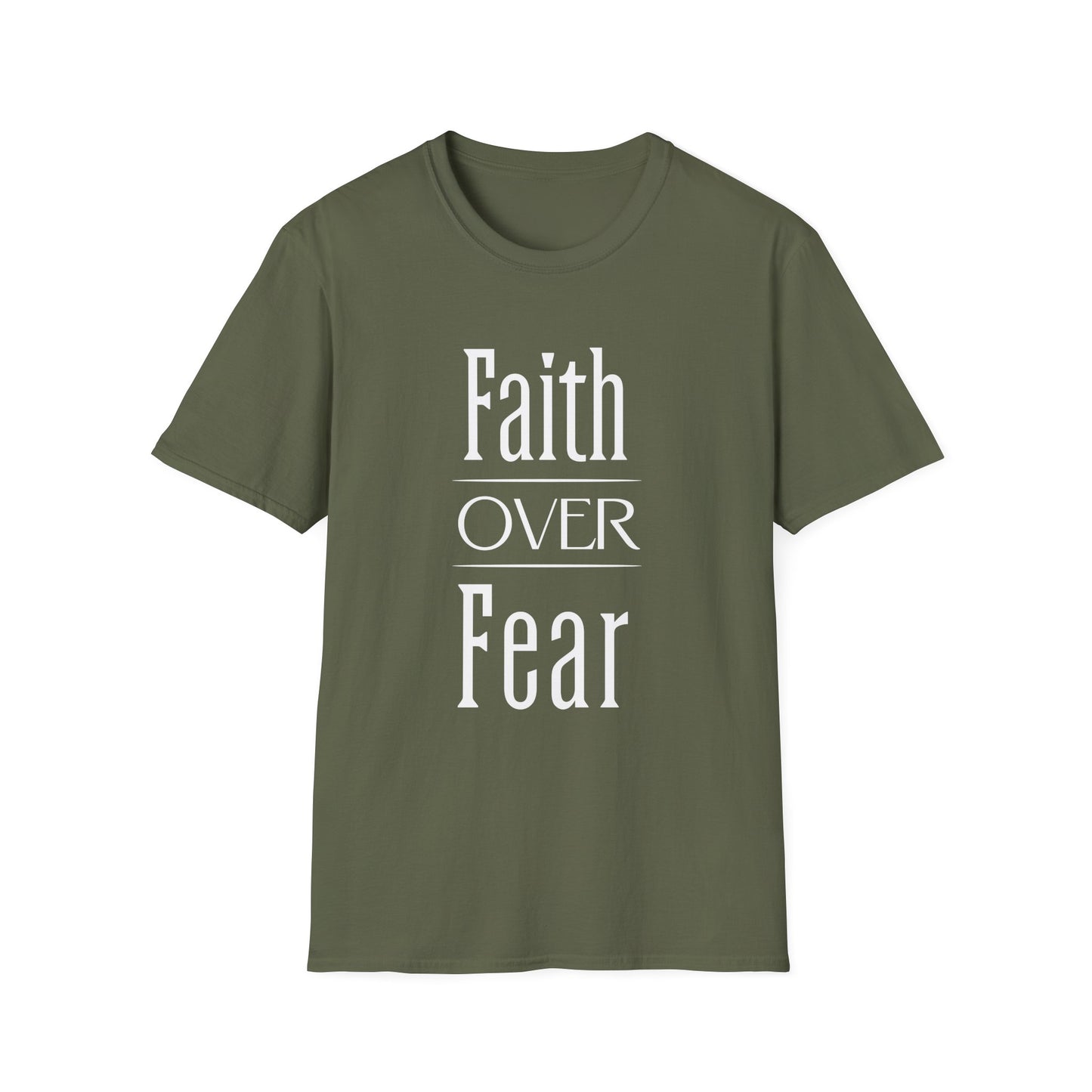 Green t-shirt with 'Faith Over Fear' text on a white background