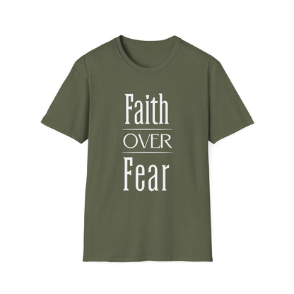 Green t-shirt with 'Faith Over Fear' text on a white background