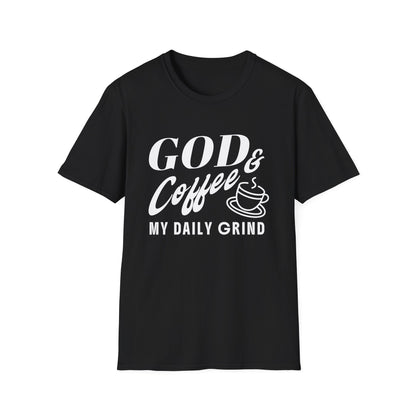 Black t-shirt with white text 'GOD & Coffee = MY DAILY GRIND' on a white background
