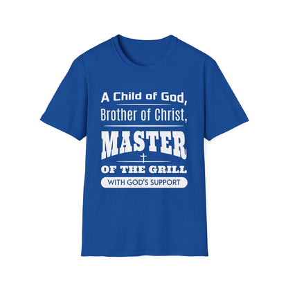 Blue t-shirt with white text on a white background