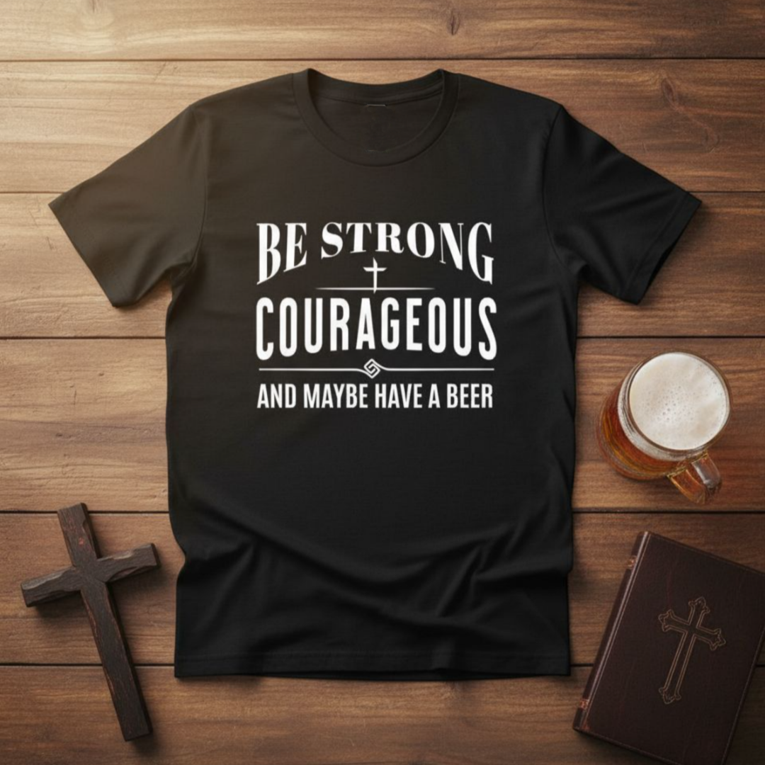 Black t-shirt with motivational quote on a wooden surface with a cross and mug.
