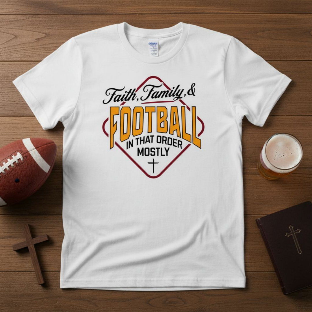 White t-shirt with 'Faith, Family & Football' design on a wooden surface with football and beer mug.