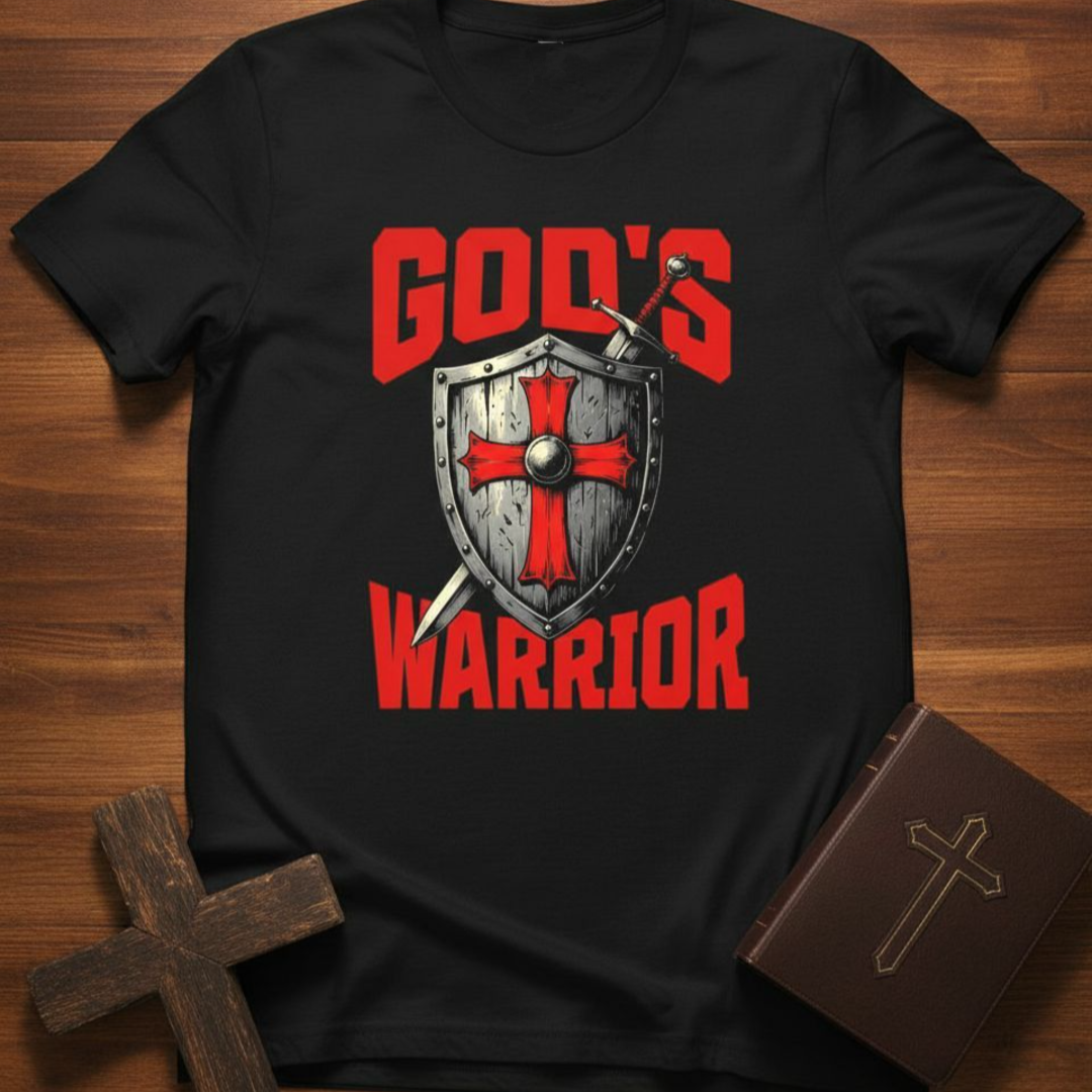 Black t-shirt with 'God's Warrior' design featuring a shield and sword on a wooden surface.