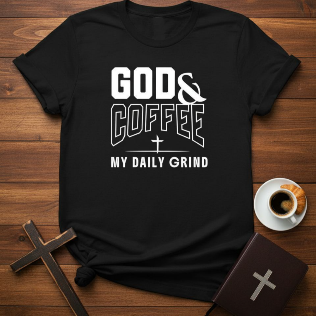 Black t-shirt with 'God & Coffee: My Daily Grind' text on a wooden surface with a cup of coffee and cross.