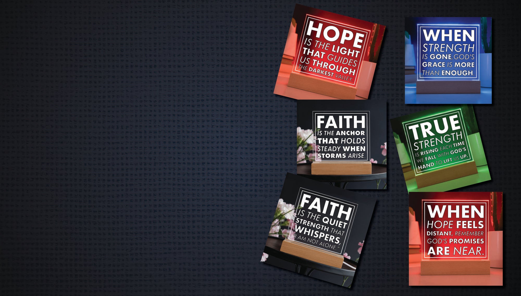 Motivational phrases images with colorful acrylic plaques against a dark background.