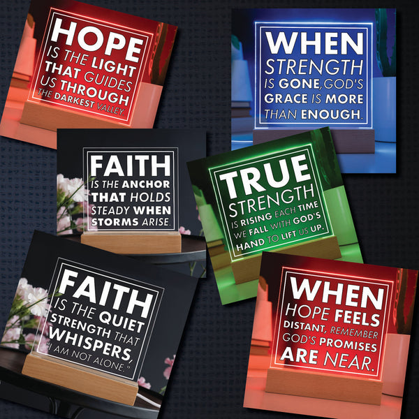 Set of motivational LED signs with inspirational quotes on a dark background