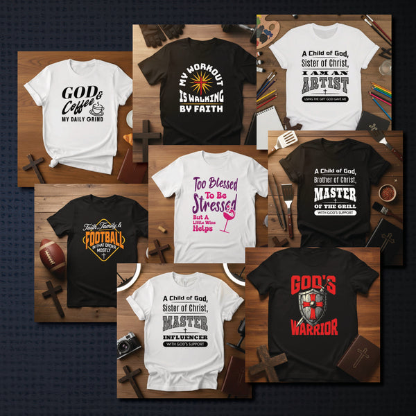 Collage of various t-shirts with different designs on a wooden surface.