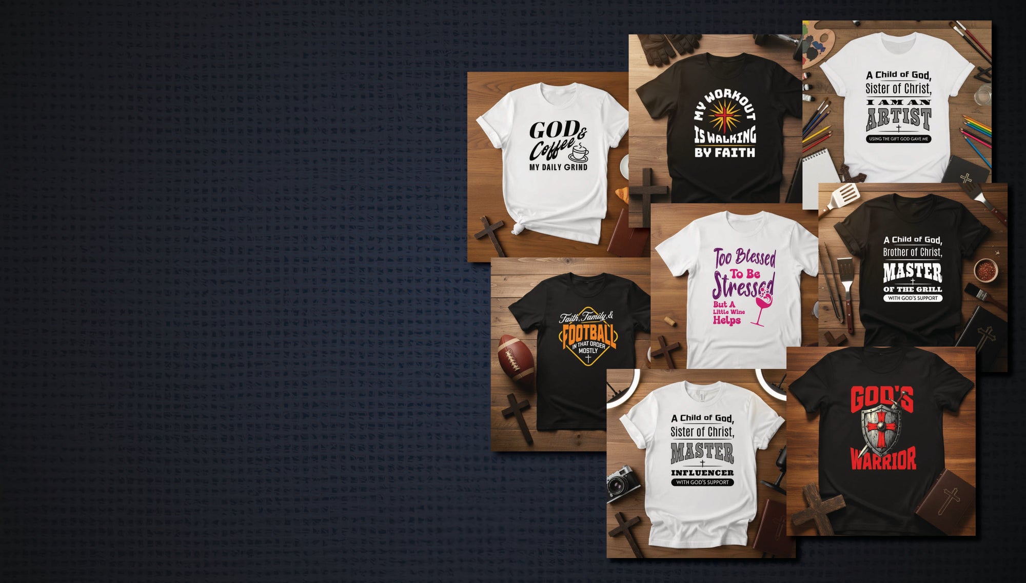 Collection of various t-shirts with different designs on a dark background