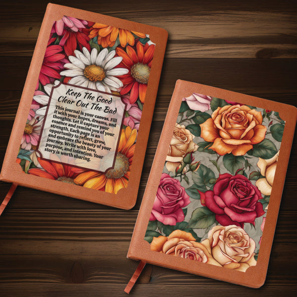 Two floral-themed journals on a wooden surface