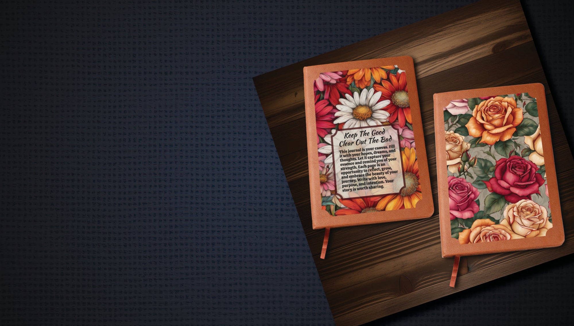 Two decorative vegan leather journals with floral designs on the covers and one with text on a dark wood surface.