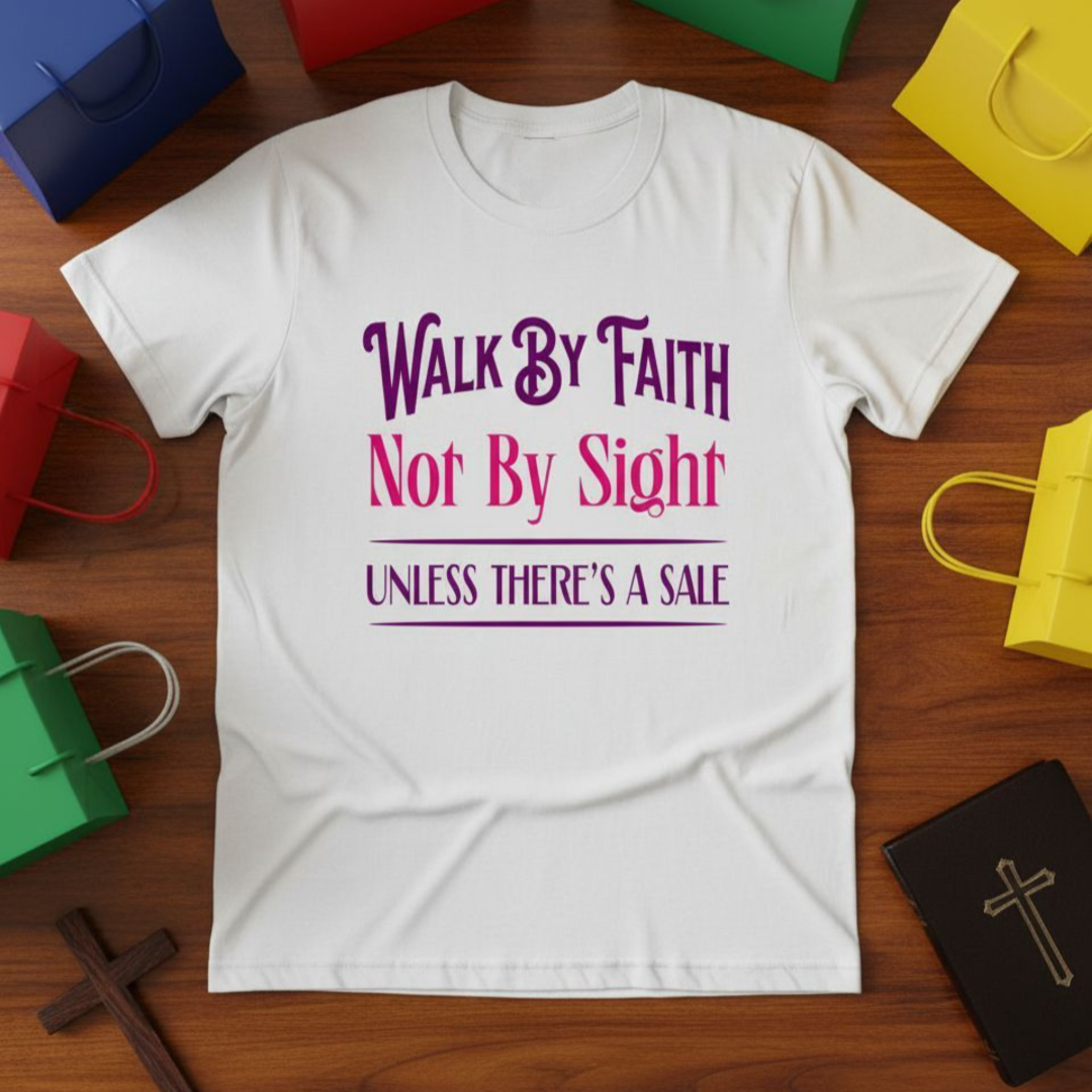 White t-shirt with purple and pink text on a wooden surface with colorful bags and a cross.