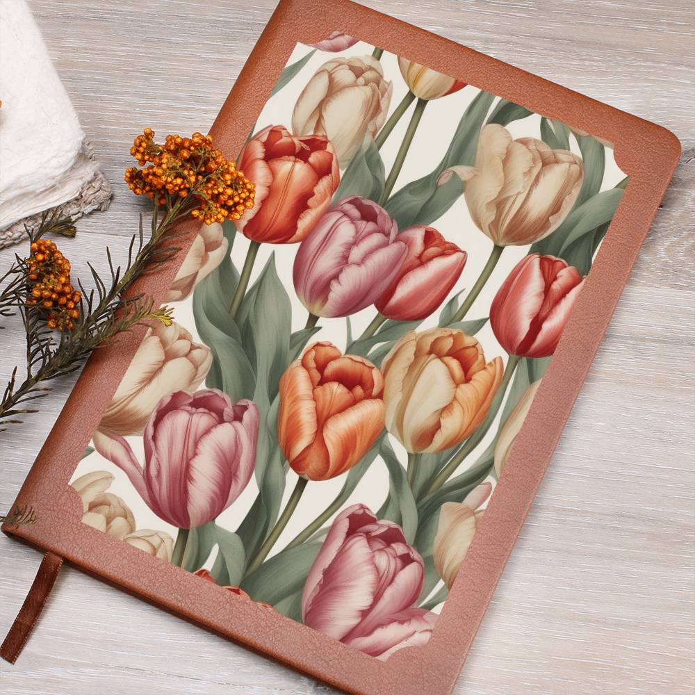 Vegan leather journal with a floral design on the cover, featuring red-orange and pink tulips on a wooden surface.