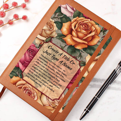 Vegan leather journal with a floral design on the cover, featuring text, orange, and pink roses.