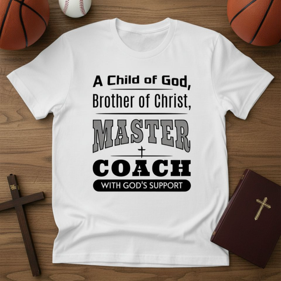 White t-shirt with motivational text on a wooden surface with sports balls and religious items.