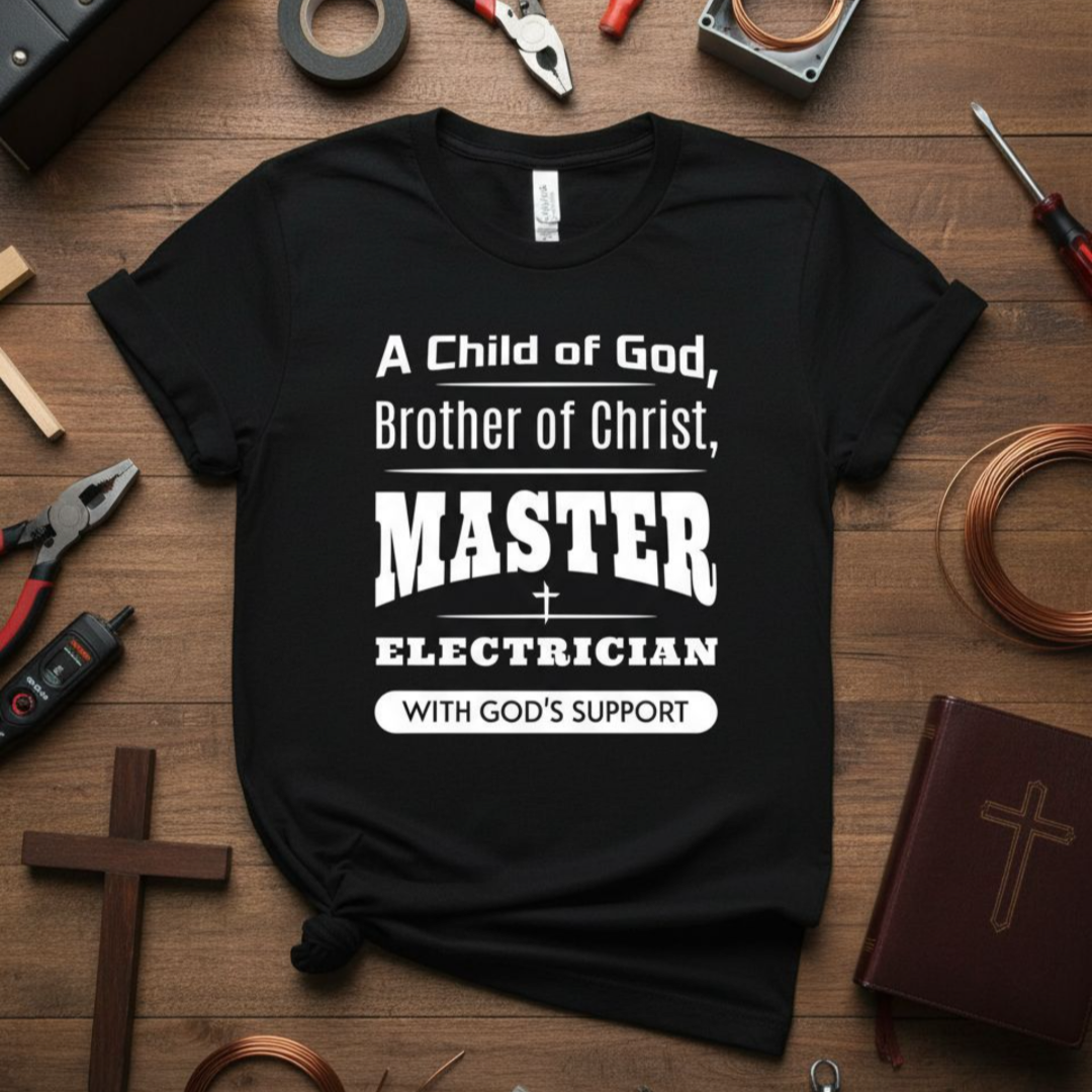 Black t-shirt with text on a wooden background with tools and religious items.