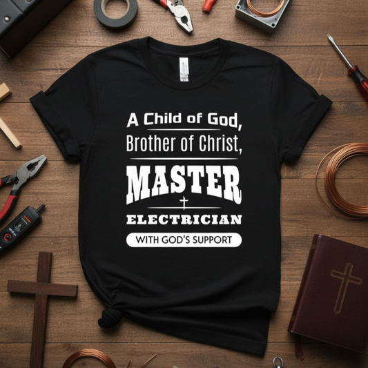 Black t-shirt with text on a wooden background with tools and religious items.