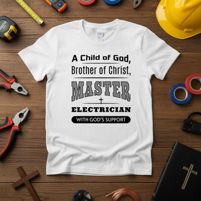 White t-shirt with text on a wooden surface with tools and a hard hat.