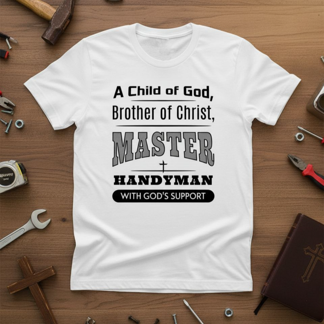 White t-shirt with text on a wooden background with tools and a cross.