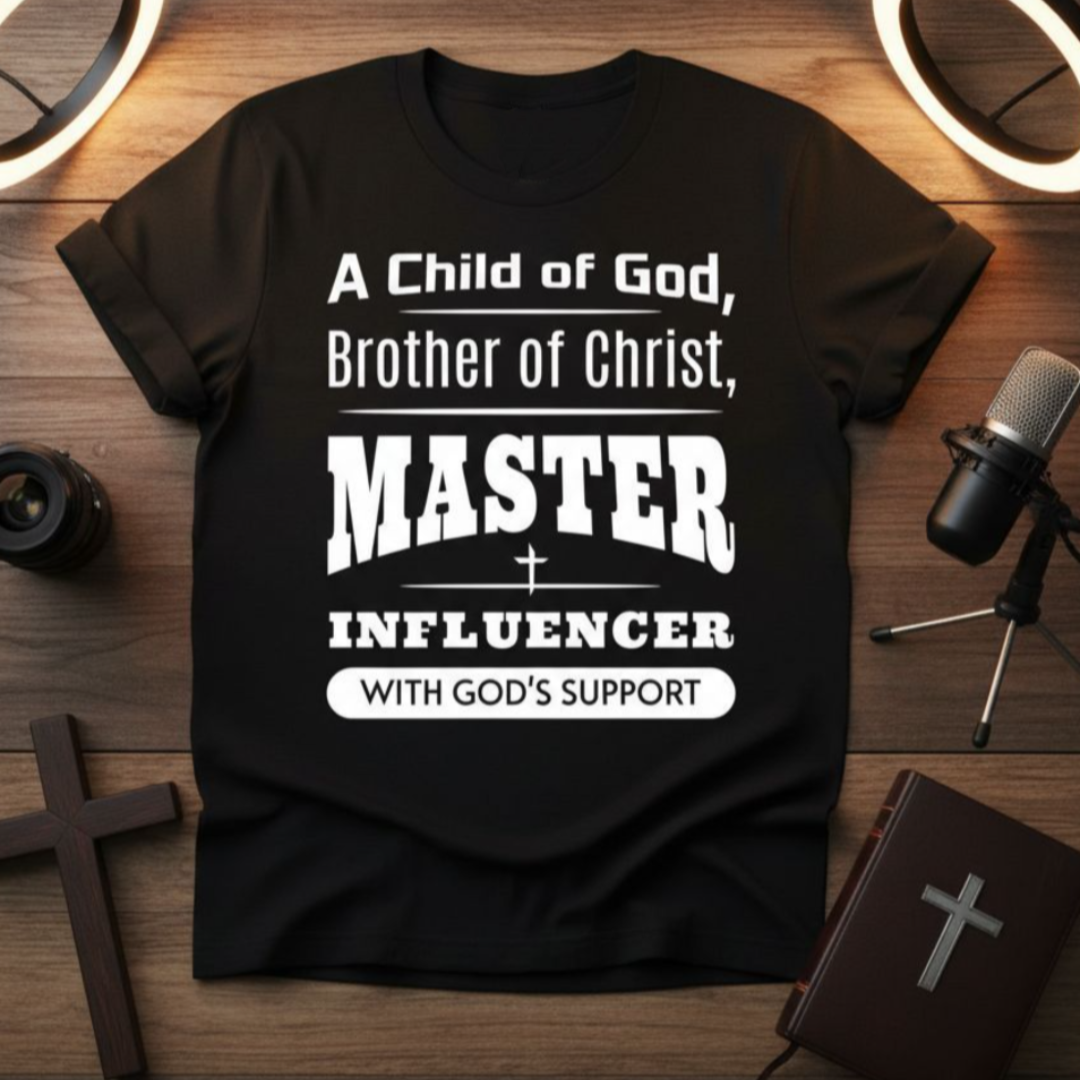 Black t-shirt with white text on a wooden surface with a microphone and cross.