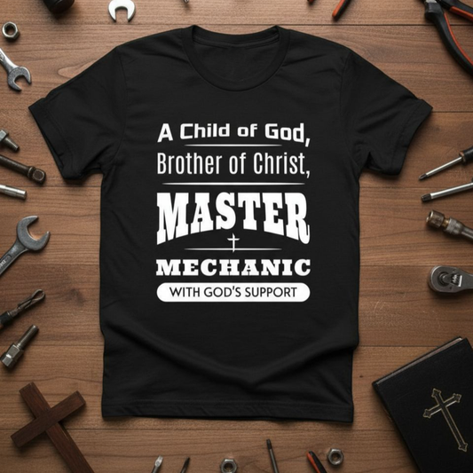 Black t-shirt with text on a wooden background with tools and religious items.