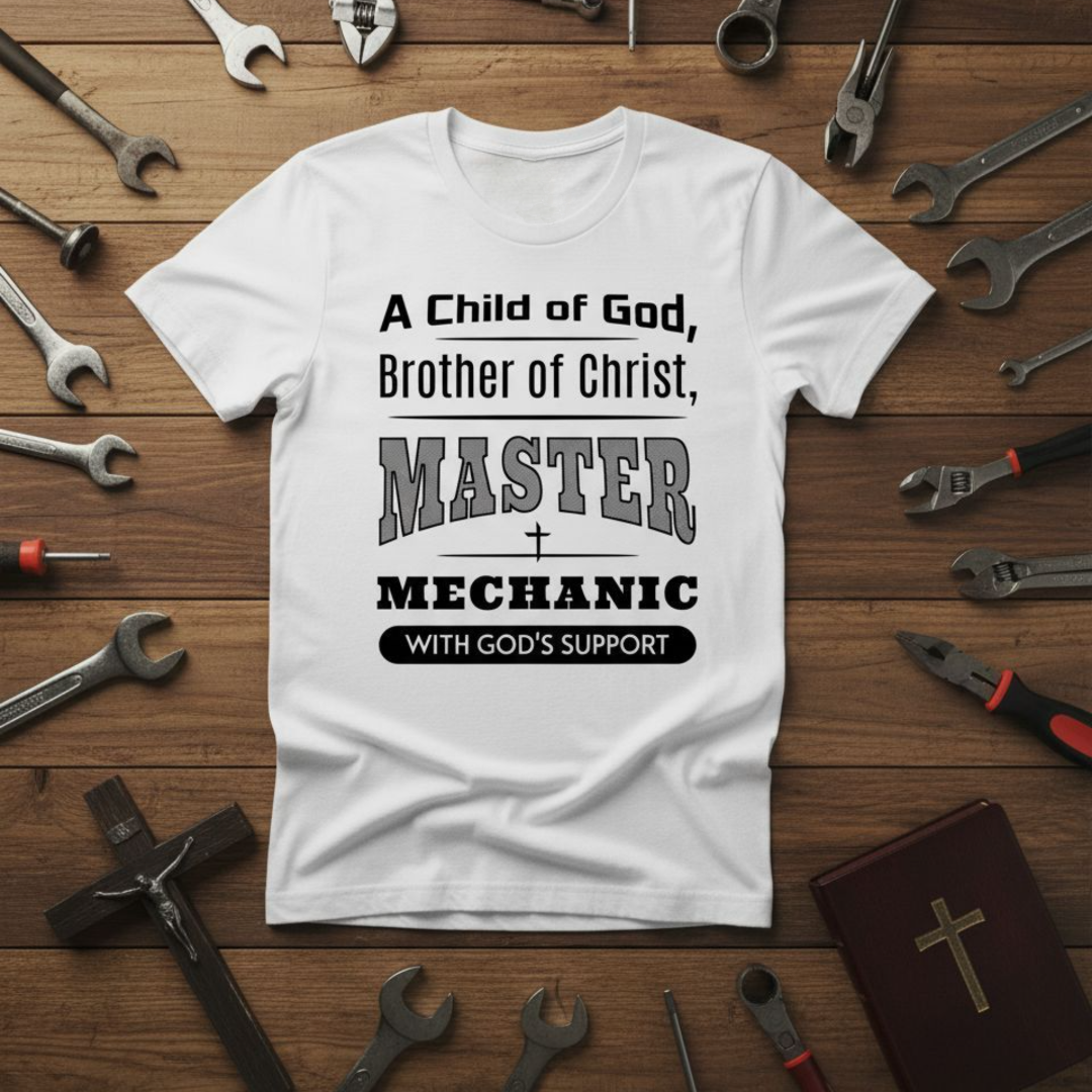 White t-shirt with text on a wooden background with tools