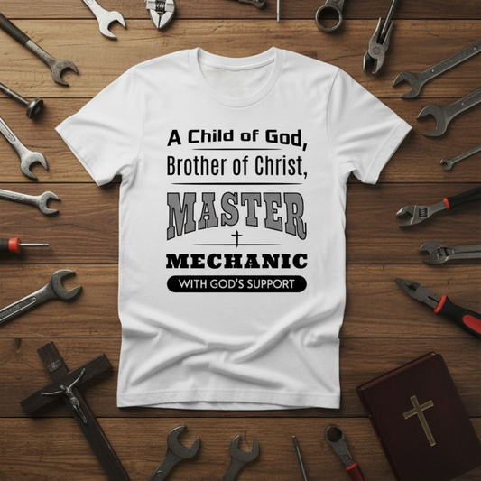 White t-shirt with text on a wooden background with tools